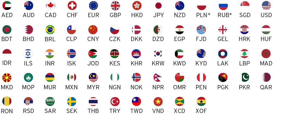 Send money in 62 currencies worldwide